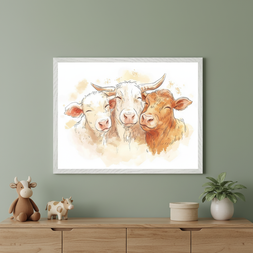 Modern kid's room with a light wood dresser. A framed watercolor sketch of three smiling cows hangs centered above the dresser.