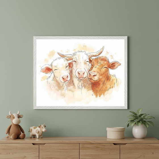 Modern kid's room with a light wood dresser. A framed watercolor sketch of three smiling cows hangs centered above the dresser.