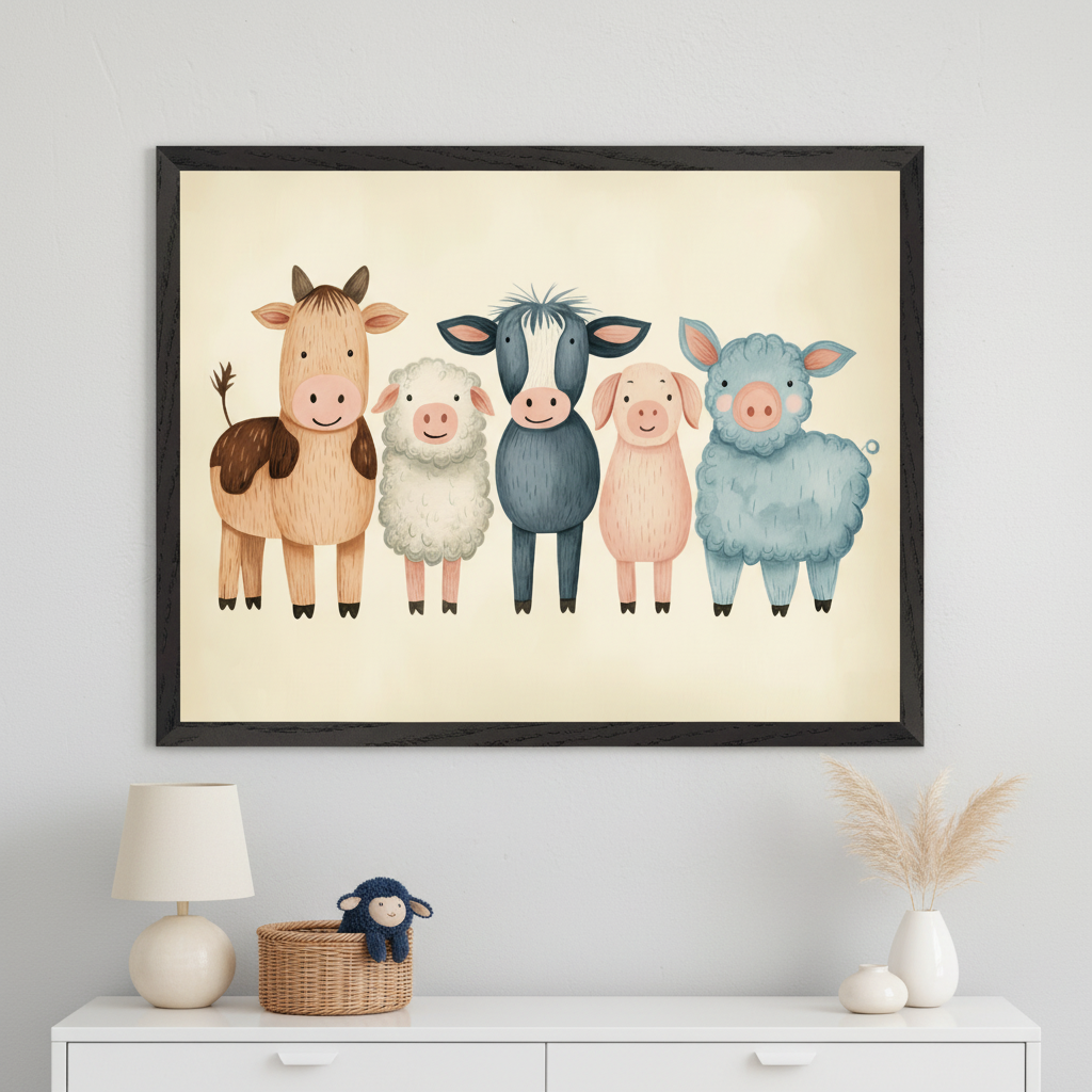 Modern kid's room with a white dresser. A large framed watercolor print of five cartoon farm animals (cow, white sheep, blue cow, pink pig, blue sheep) hangs centered above the dresser. A lamp, a basket with a blue toy sheep, and a vase with pampas grass are on the dresser.