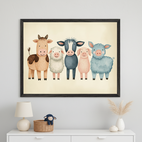 Modern kid's room with a white dresser. A large framed watercolor print of five cartoon farm animals (cow, white sheep, blue cow, pink pig, blue sheep) hangs centered above the dresser. A lamp, a basket with a blue toy sheep, and a vase with pampas grass are on the dresser.