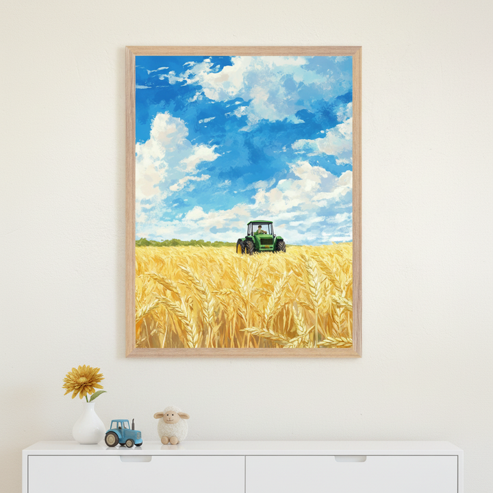 Modern room with a white dresser. A large framed painting of a green tractor in a golden wheat field under a blue sky hangs centered above the dresser. On the dresser are a yellow flower in a white vase, a blue toy tractor, and a white sheep figurine.