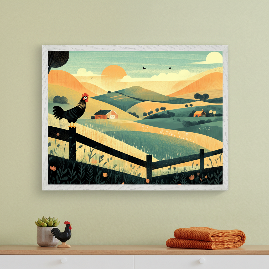 Contemporary room with a light wood dresser. A white-framed illustration of a stylized farm landscape hangs above it, featuring rolling hills, barns, a vibrant sun, and a black rooster on a fence in the foreground.