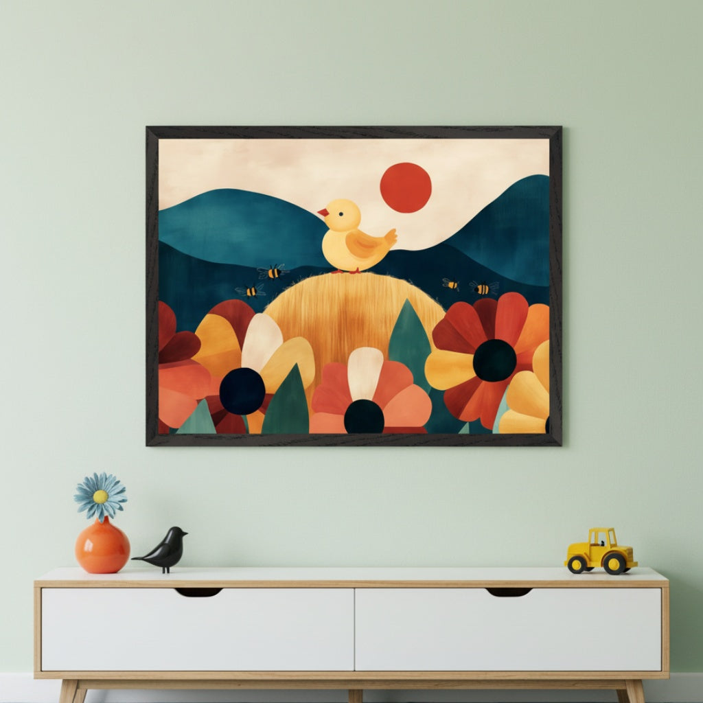 Modern kid's room with a white wood dresser against a light green wall. A large framed artwork hangs centered above the dresser, depicting a yellow duck on a hill with colorful abstract flowers, bees, and blue mountains under a red sun, in a stylized graphic art style.