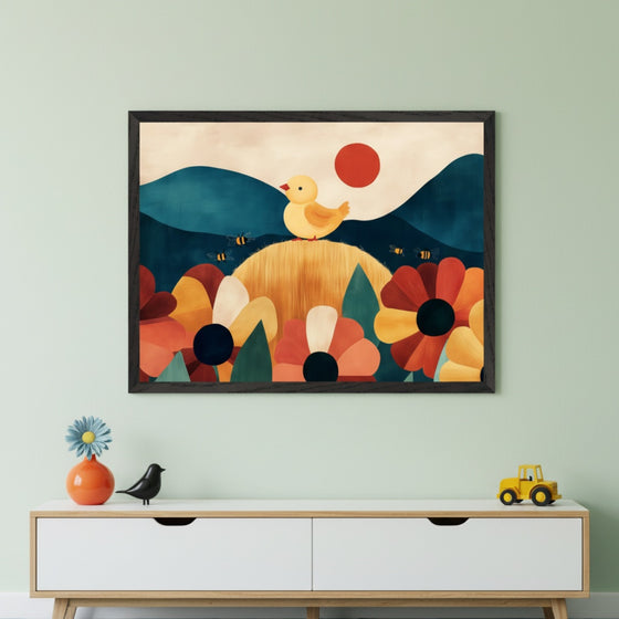 Modern kid's room with a white wood dresser against a light green wall. A large framed artwork hangs centered above the dresser, depicting a yellow duck on a hill with colorful abstract flowers, bees, and blue mountains under a red sun, in a stylized graphic art style.