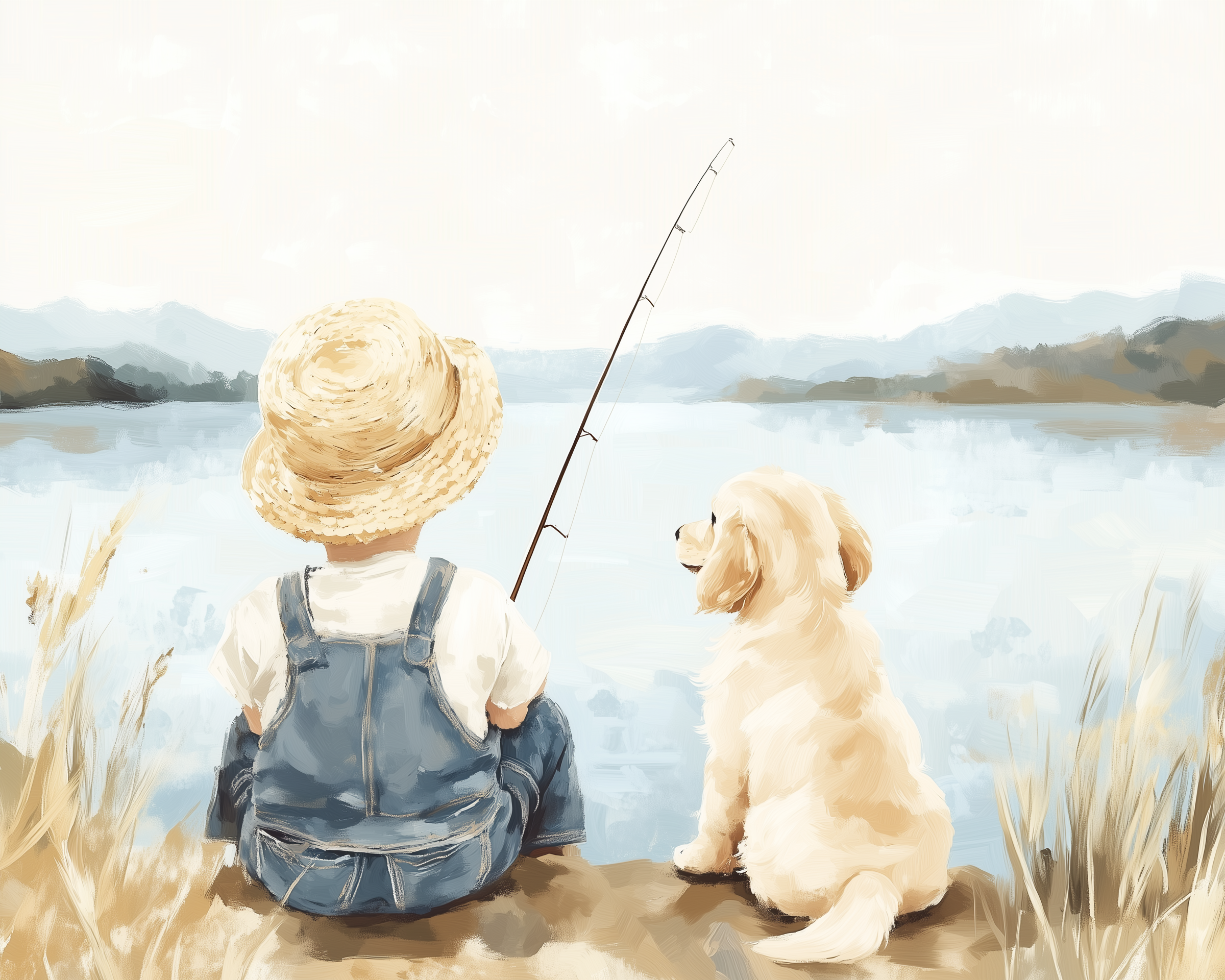 A young boy in overalls and a straw hat fishes by a peaceful lake with a golden retriever puppy sitting beside him, both facing the water.
