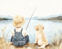 A young boy in overalls and a straw hat fishes by a peaceful lake with a golden retriever puppy sitting beside him, both facing the water.
