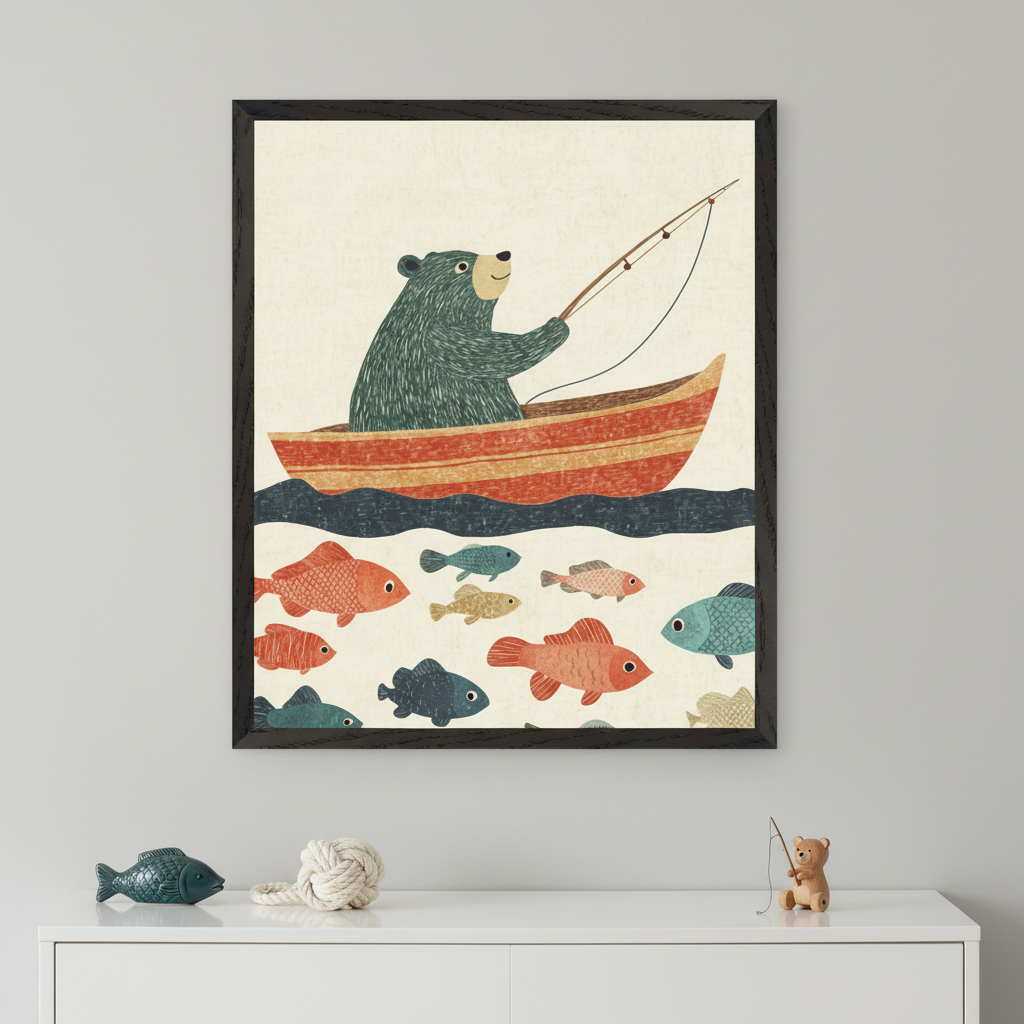 Fishing Bear Wall Art for Nursery, Playroom or Kids Bedrooms - Colorful Woodland Animal Decor - Bear & Bait