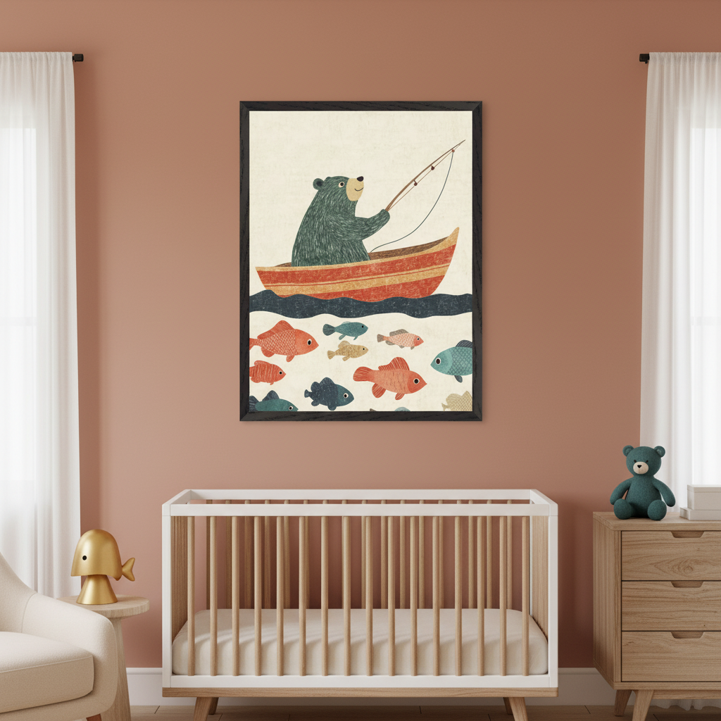 Modern nursery with a white crib. A large framed illustrated artwork depicting a green bear fishing from a boat, with colorful fish below, hangs centered above the crib on a terracotta wall.