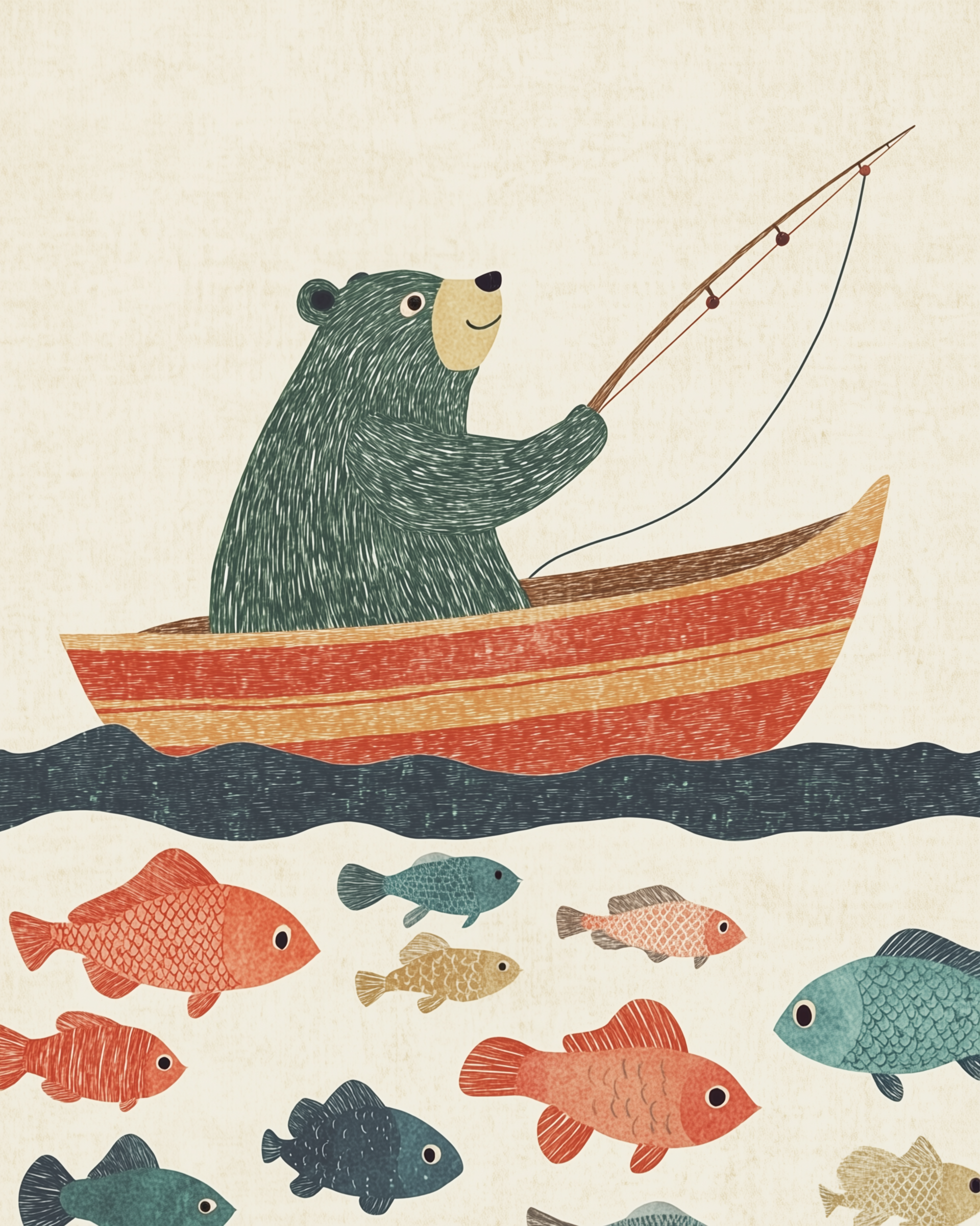 A smiling cartoon bear fishes from a red and yellow striped boat while a variety of colorful fish swim beneath in a textured, folk-art style.