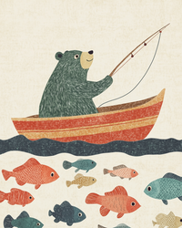 A smiling cartoon bear fishes from a red and yellow striped boat while a variety of colorful fish swim beneath in a textured, folk-art style.