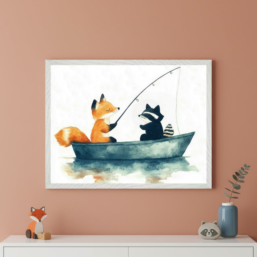 Modern room with a warm terracotta wall. A white dresser is topped with a wooden fox and a raccoon figurine. Above the dresser hangs a framed watercolor print depicting a fox and a raccoon in a boat, with the fox holding a fishing rod.