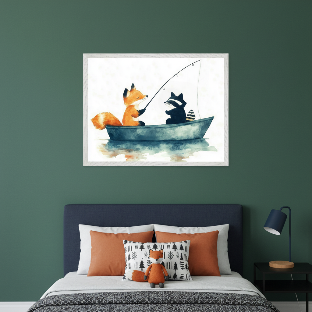 Kid's bedroom with a dark green wall. A framed watercolor painting of a fox and raccoon fishing in a boat is centered above a bed with a blue headboard. The bed has orange pillows, a patterned pillow, and a fox plush. A nightstand with a blue lamp is to the right.