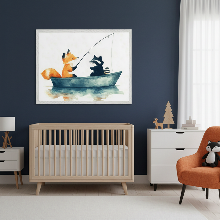 Modern nursery with a light wood crib, white dresser, and orange armchair. A large framed watercolor print of a fox and a raccoon fishing in a boat hangs above the crib on a dark blue wall.