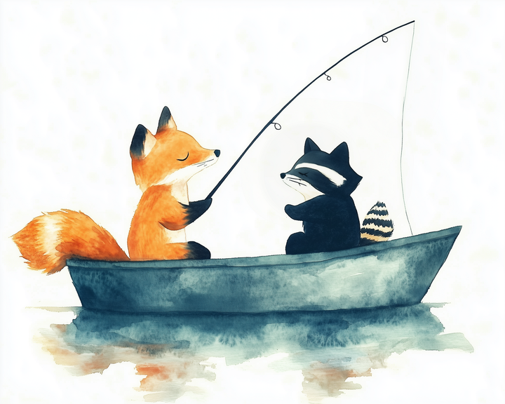 A watercolor-style illustration of a peaceful fox and raccoon sitting in a blue rowboat, with the fox holding a fishing pole over calm water.
