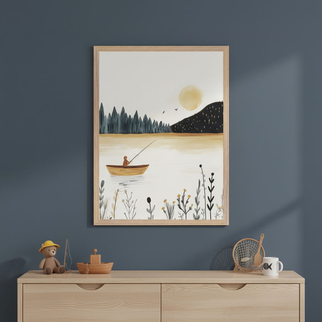 Dark blue-gray kid's bedroom with framed art centered above a light wood dresser. The illustrative painting depicts a person fishing in a boat on a lake with trees, mountains, and a sun. A teddy bear, wooden boat, basket, and mug sit on the dresser.