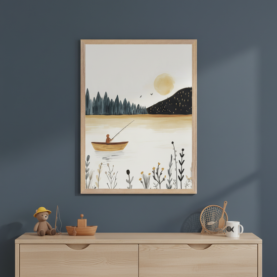 Dark blue-gray kid's bedroom with framed art centered above a light wood dresser. The illustrative painting depicts a person fishing in a boat on a lake with trees, mountains, and a sun. A teddy bear, wooden boat, basket, and mug sit on the dresser.