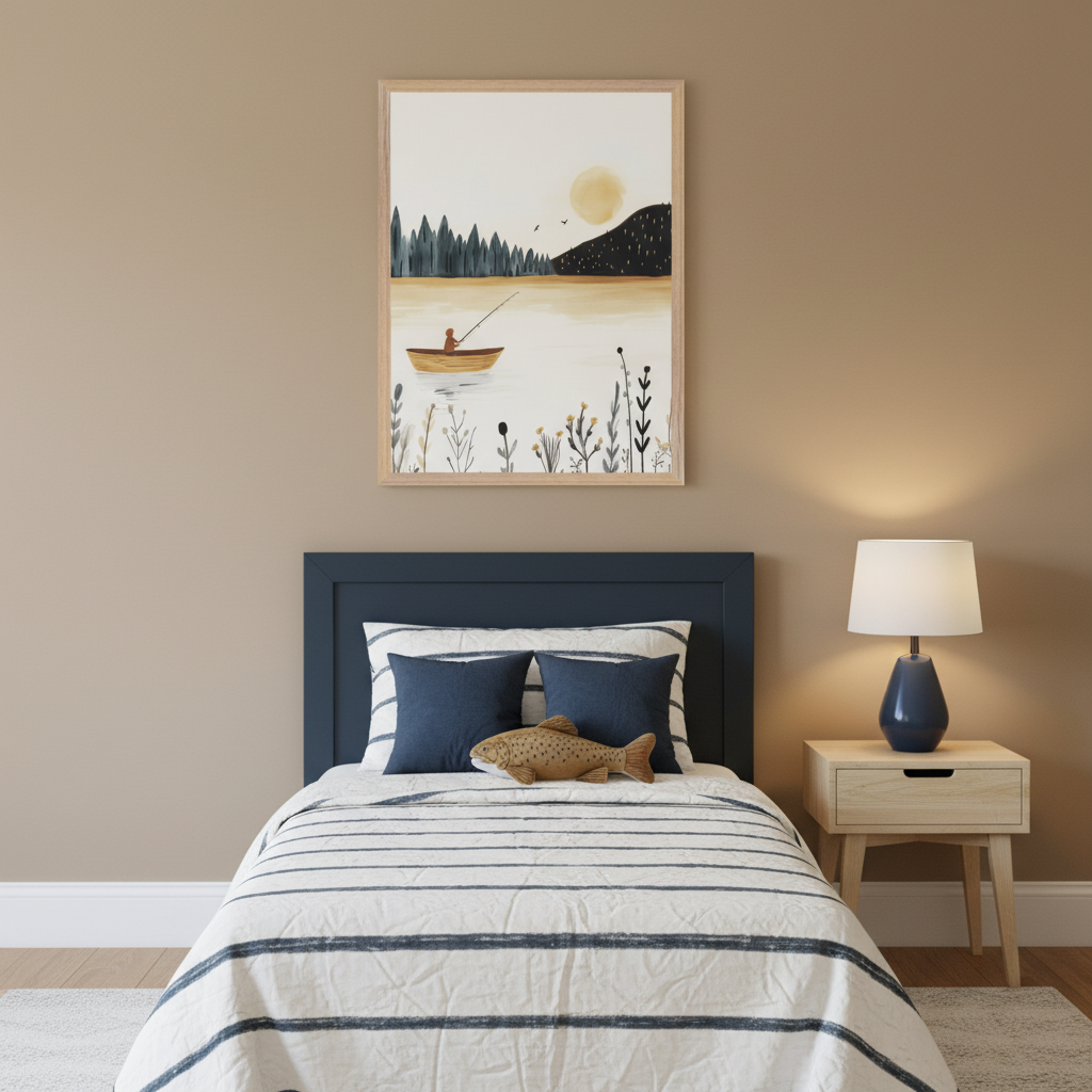 Kid's bedroom with a navy blue bed, striped bedding, and a fish pillow. A light wood nightstand with a navy blue lamp is to the right. Centered above the bed hangs a framed illustrative print of a person fishing in a boat on a lake with trees and a sun in the background.