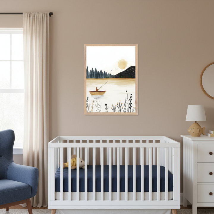 Modern nursery with a white crib, blue armchair, and white dresser with a fish lamp. A framed print depicting a person fishing in a lake scene with trees and mountains, in an illustrative style, hangs above the crib. A window with beige curtains is on the left.