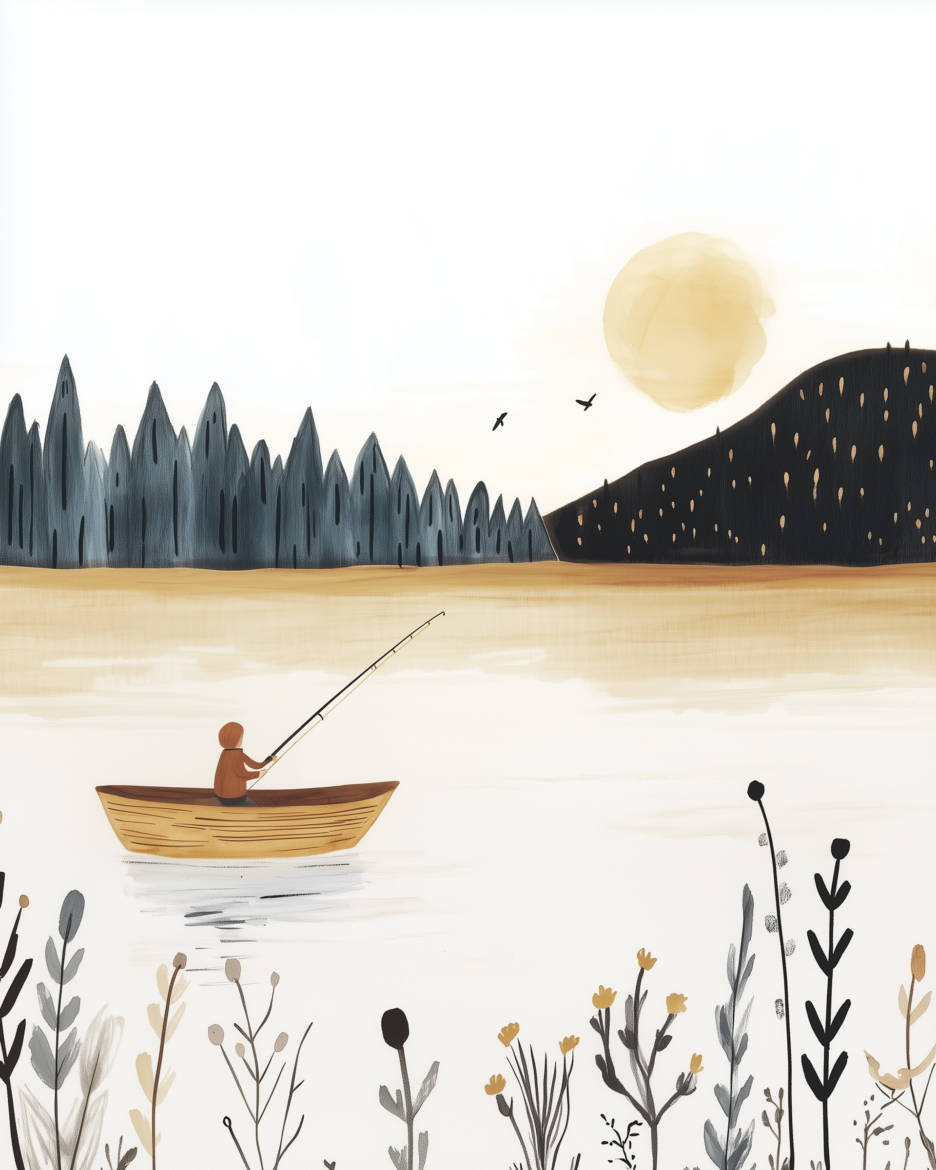 A small figure fishes from a wooden rowboat on a still lake, surrounded by tall trees and silhouetted hills as the golden sun rises in a muted, minimalist scene.

