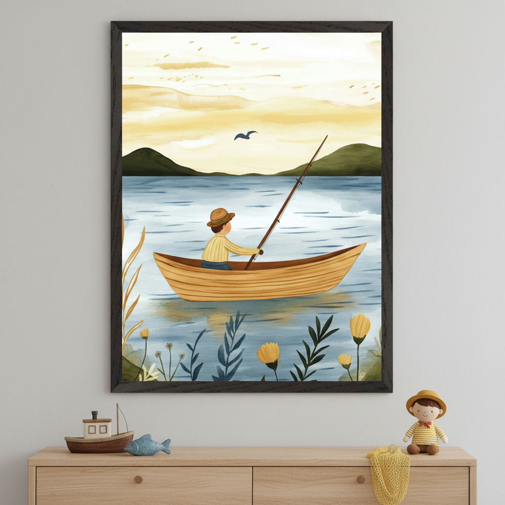 Kid's bedroom with a light wood dresser. A large framed watercolor painting of a boy fishing from a boat on a lake with distant mountains and a sunset sky hangs above the dresser. Toys are on the dresser.