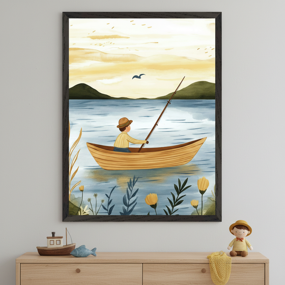 Kid's bedroom with a light wood dresser. A large framed watercolor painting of a boy fishing from a boat on a lake with distant mountains and a sunset sky hangs above the dresser. Toys are on the dresser.
