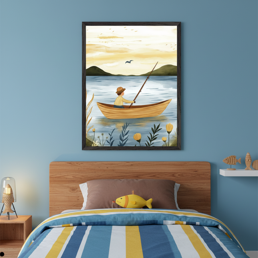 Kid's bedroom with a wooden headboard bed. A large framed watercolor painting of a person fishing in a boat on a lake at sunset, with mountains, hangs centered above the bed. A yellow fish plush is on the bed, and wooden fish decor sits on a shelf.