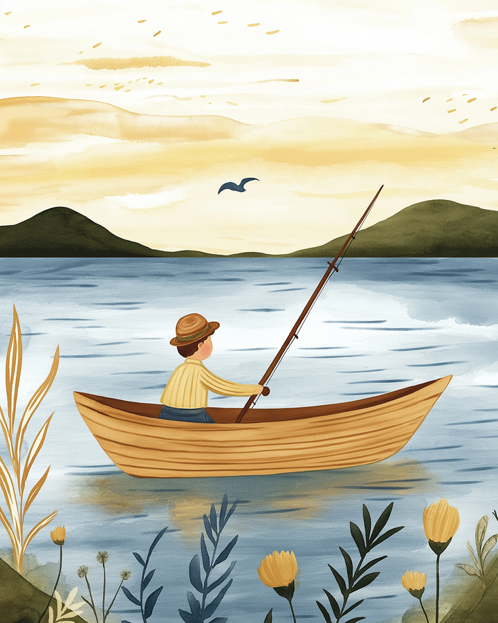 A young boy in a straw hat fishes from a wooden boat in a calm lake, with distant green hills and yellow wildflowers in the foreground under a soft yellow sky.