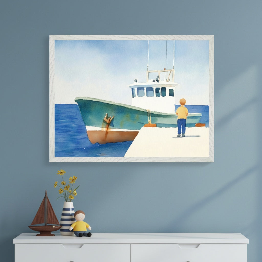 Modern room with a white dresser. A large framed watercolor painting of a fishing boat docked at a pier with a child looking at it hangs above the dresser. A wooden sailboat, a striped vase with yellow flowers, and a stuffed doll are on the dresser.