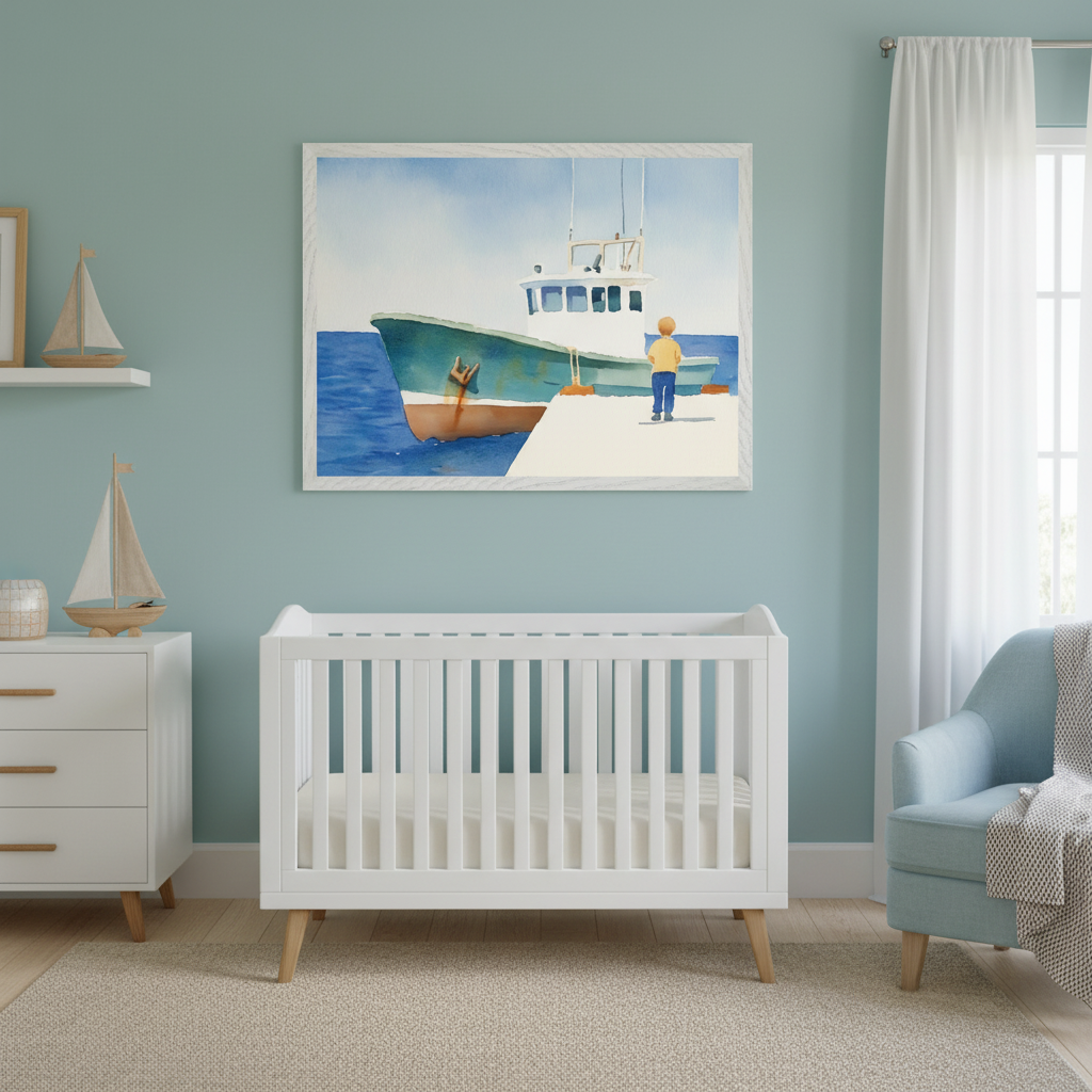 Modern nursery with a white crib and dresser against a teal wall. A large framed watercolor painting of a green fishing boat and a boy on a dock hangs above the crib. A light blue armchair is on the right.