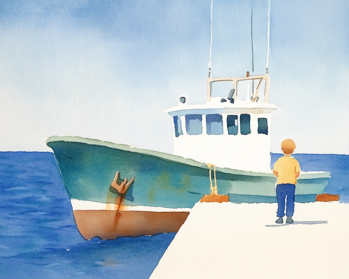  A boy in an orange shirt and blue pants stands at the edge of a pier, looking at a large green and white fishing boat docked in bright blue ocean water.
