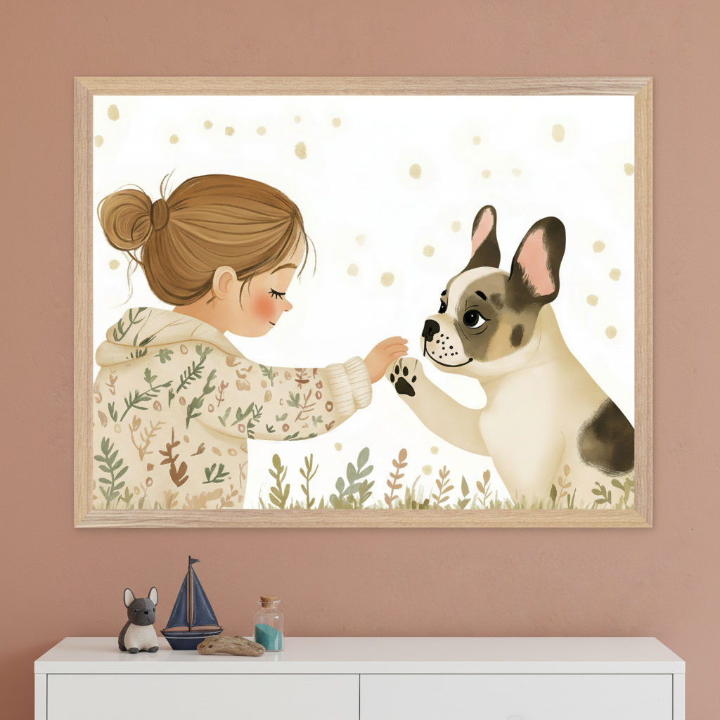 Kid's bedroom with a white dresser. A light wood framed wall art hangs centered above it, depicting a cartoon-style girl in a botanical sweater touching a French bulldog's paw on a white background with golden specks and green foliage. A toy sailboat, French bulldog figurine, and blue bottle sit on the dresser.