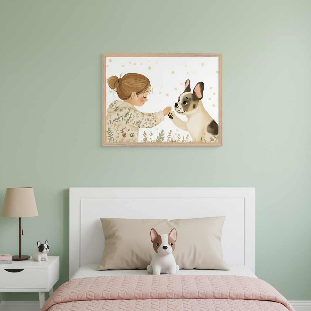 Kid's bedroom with light green walls and a white bed. Above the white headboard, a framed illustration depicts a girl and a French bulldog touching paws. To the left, a nightstand holds a lamp and a small bulldog figurine. A larger bulldog plush sits on the bed.