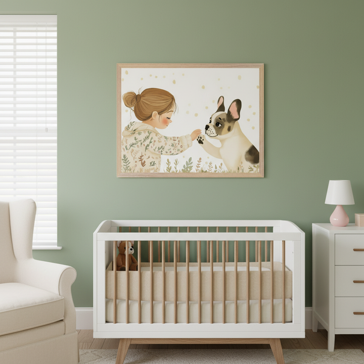 Modern nursery with a white crib and matching dresser against green walls. A large framed illustration of a girl and a French bulldog is centered above the crib. An armchair sits left.