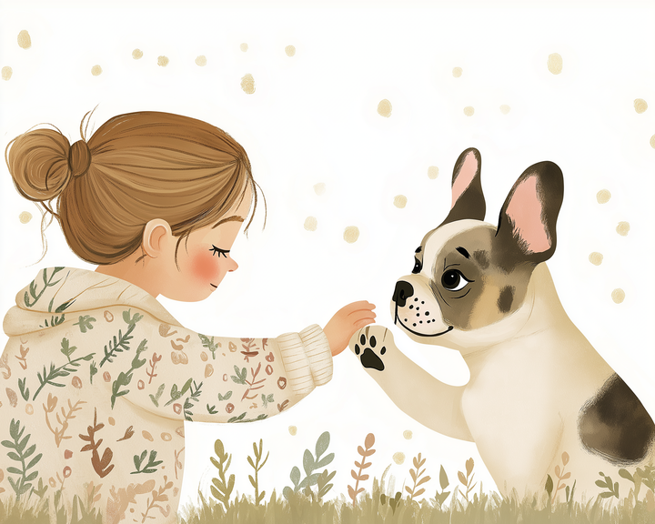  A young girl in a floral hoodie gives a gentle high-five to a French bulldog sitting in tall grass, both surrounded by soft yellow dots on a white background.
