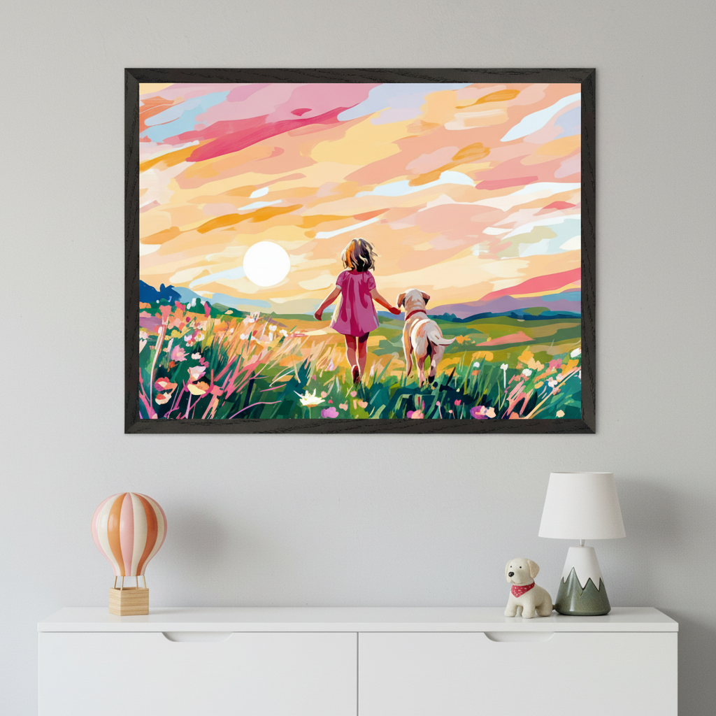 Kid's room with a white dresser against a light gray wall. A large framed print of a child and a dog walking through a vibrant, colorful field of flowers at sunset hangs centered above. A hot air balloon and a dog figurine are on the dresser.