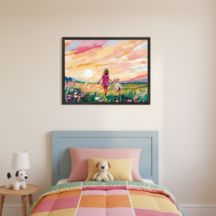 Kid's bedroom with a blue headboard bed, nightstand, and dog lamp. A colorful, impressionistic painting of a child and dog walking in a wildflower field at sunset hangs centered above the bed.