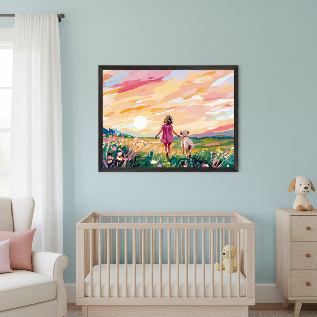 Nursery with light blue walls. A large framed print of a colorful, painterly scene of a small girl and a dog walking through a flower field at sunset hangs above a light wood crib. A white armchair is to the left, and a wooden dresser is to the right.
