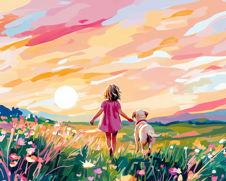 A little girl in a pink dress walks hand-in-paw with a white dog through a colorful field of flowers beneath a vibrant, pastel-hued sunset sky.
