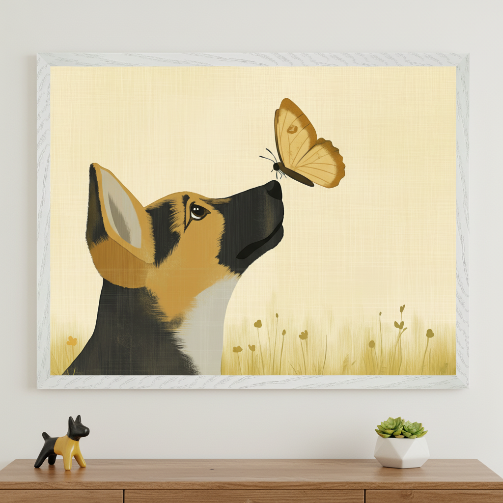 A large framed illustration of a German Shepherd puppy looking at a butterfly on its nose, set against a yellow textured background with grass, hangs above a wooden dresser in a modern room. A dog figurine and succulent are on the dresser.