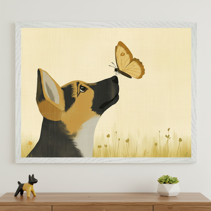 A large framed illustration of a German Shepherd puppy looking at a butterfly on its nose, set against a yellow textured background with grass, hangs above a wooden dresser in a modern room. A dog figurine and succulent are on the dresser.