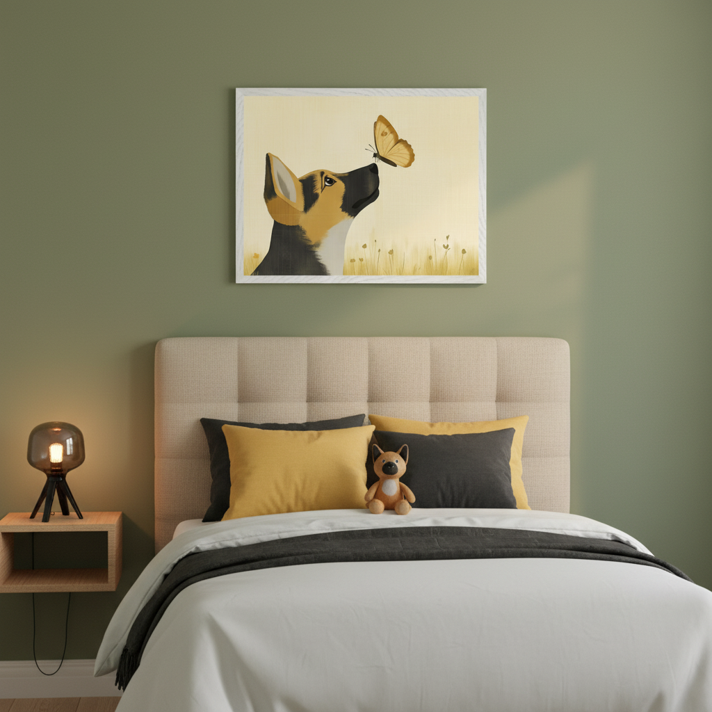 Modern bedroom with green walls and a bed with a beige tufted headboard. A framed illustration of a dog looking at a butterfly hangs centered above the bed. The bed features white bedding, yellow and dark grey pillows.