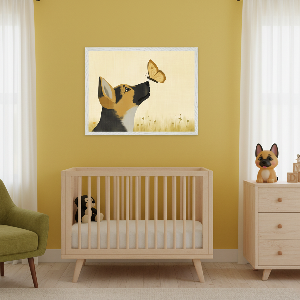 Modern nursery with a light wood crib against a yellow wall. A large framed illustration of a black and tan dog looking at a butterfly on its nose hangs centered above the crib. A green armchair and a wood dresser are also in the room.