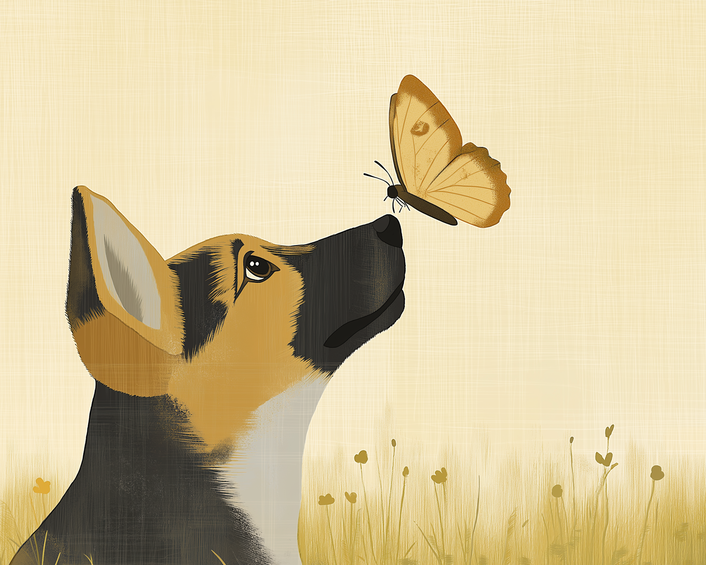 A dog gazes gently at a golden butterfly perched on its nose, set against a soft beige background with delicate wildflowers.
