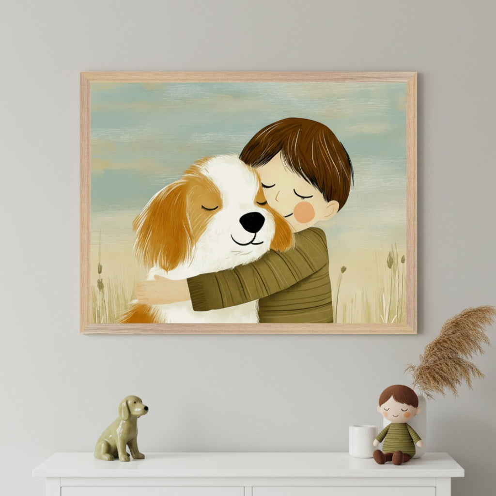 Modern kid's room with a white dresser. A framed illustration of a child hugging a brown and white dog, in a cheerful cartoon style, hangs centered above the dresser. The background depicts a pastel sky and field.