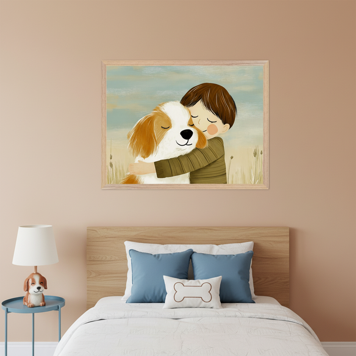 Modern kid's bedroom with a wooden bed, blue pillows, and a dog-shaped lamp on a nightstand. A framed illustration of a boy hugging a dog in a field hangs centered above the bed.