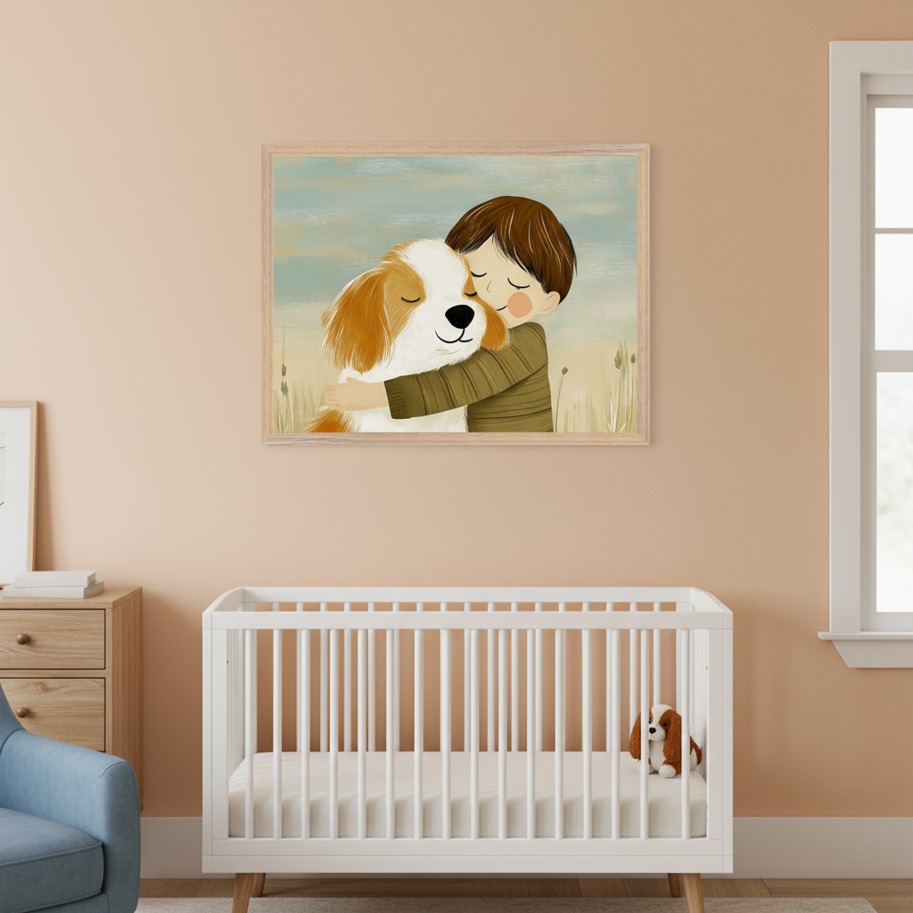 Modern nursery with a peach wall. A framed cartoon illustration of a boy hugging a brown and white dog hangs above a white crib. A wooden dresser and a blue armchair are to the left. A small stuffed dog is in the crib, and a window is on the right.