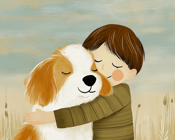 A young boy with brown hair hugs a large, fluffy dog as they both close their eyes contentedly, surrounded by tall grasses under a soft sky.