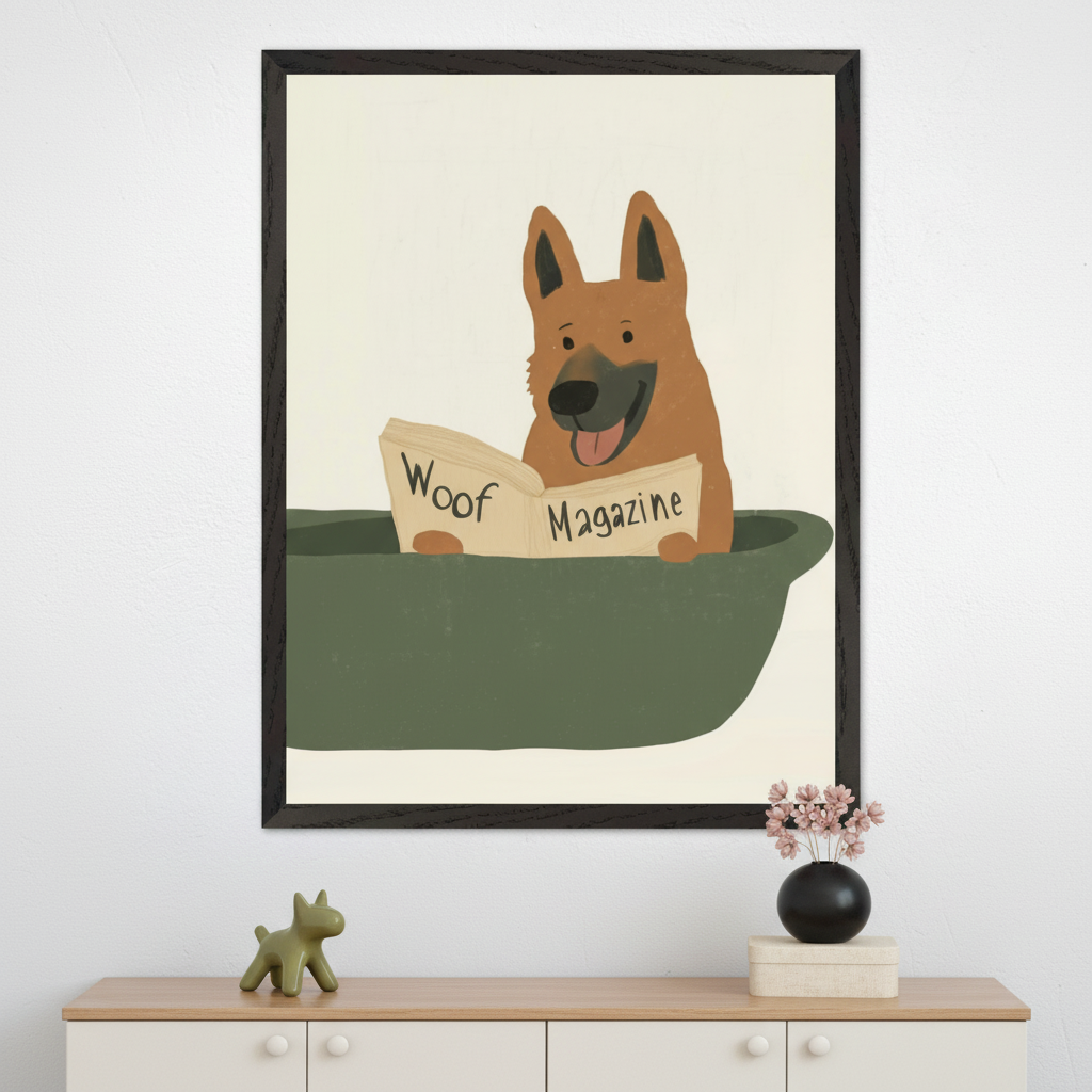 Modern room with a light wood and white dresser. A large black-framed cartoon illustration of a smiling brown dog reading "Woof Magazine" in a green tub hangs centered above the dresser.