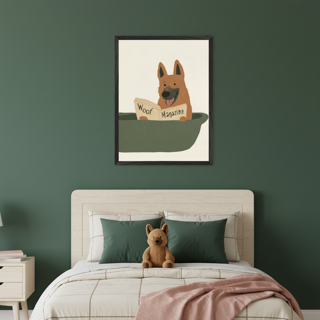 Kid's bedroom with a light wood bed and a nightstand against a green wall. A framed cartoon print of a German Shepherd reading 'Woof Magazine' in a green tub hangs above the bed. A teddy bear sits on the bed.