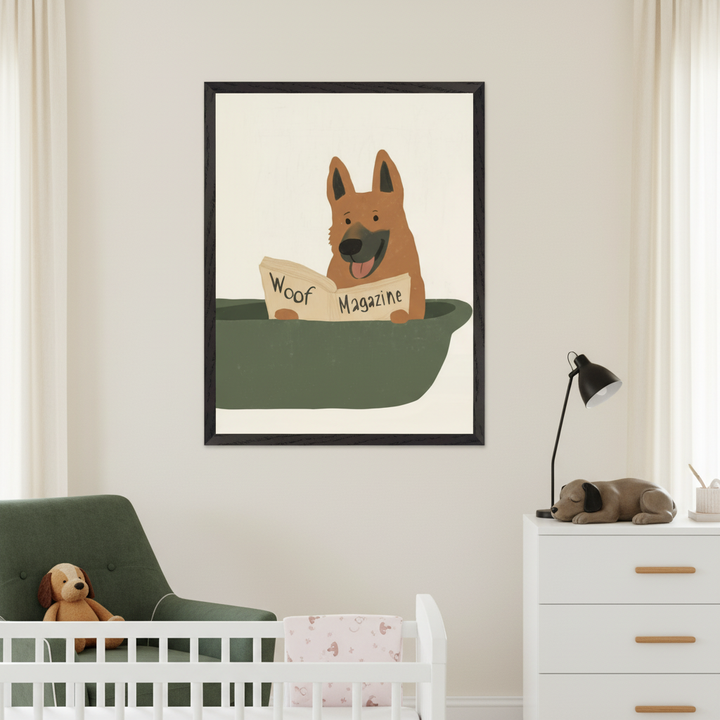 Modern nursery featuring a white crib and green armchair. A large framed cartoon print of a smiling brown dog reading "Woof Magazine" in a green tub hangs centrally above a white dresser.